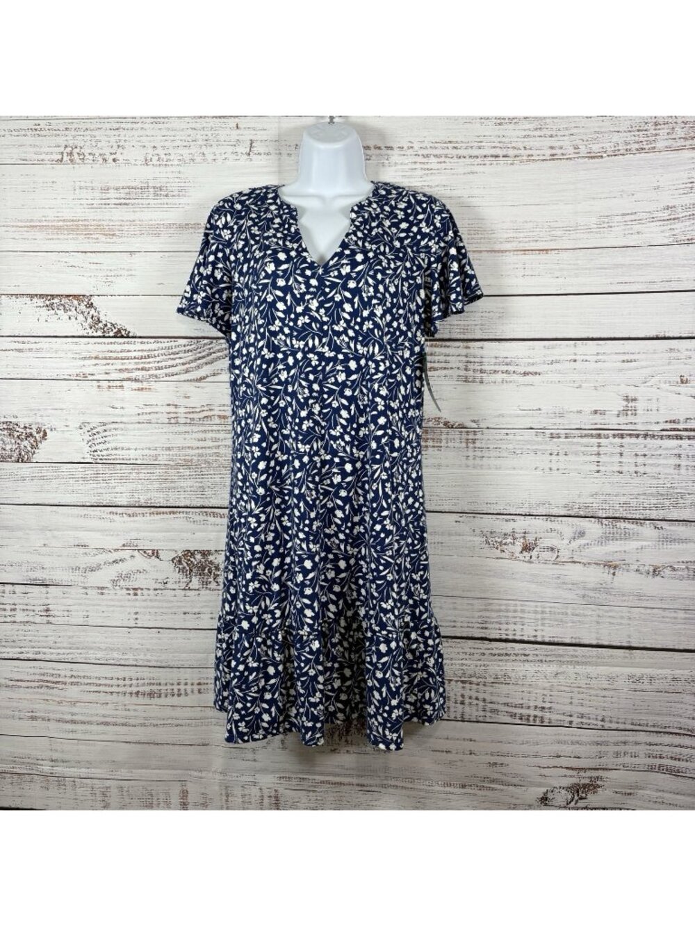 Fortune & Ivy Jule Blue Floral Flutter Short Sleeve Knit Dress